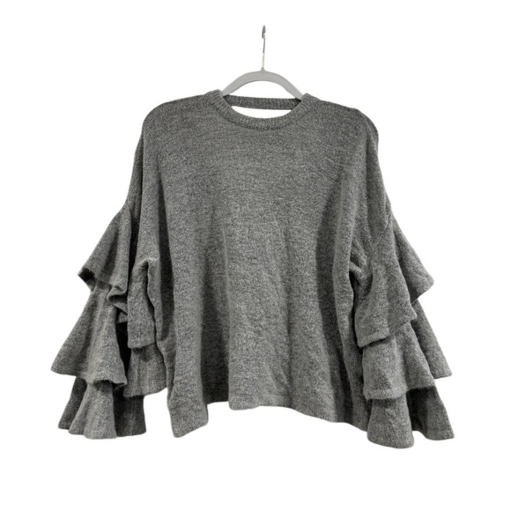 Women's Boho Tiered Bell Sleeve Long Sleeve Sweater Blouse Top Grey Size Large